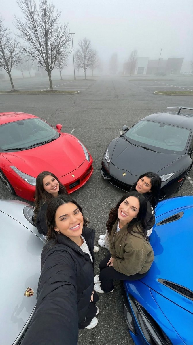 tight close-up top-down shot of four women sitting on luxury sports cars, focusing on faces, Use...