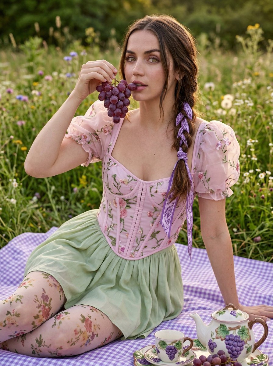 年轻女性,与 Sydney Sweeney 有强烈的相似之处。, 长发,波浪质地,松散侧边辫中交织着一条图案丝带。, 柔和、中性的凝视,光滑的哑光肌肤,淡淡的腮红。, 纤细身材,肌肤光滑。,...