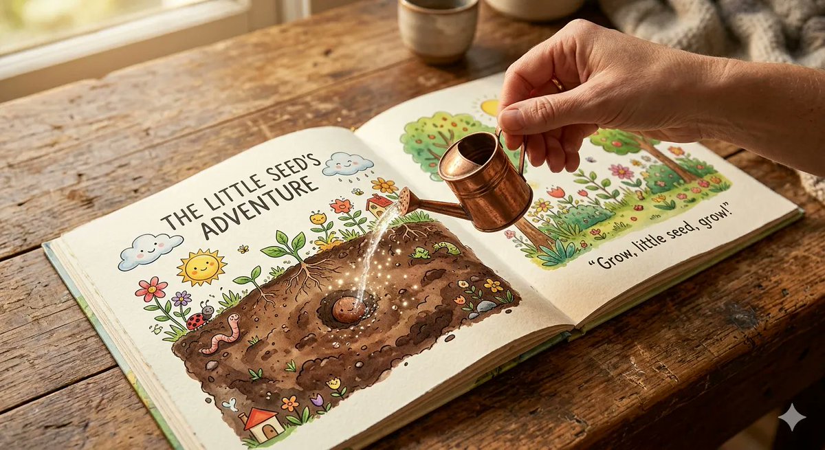 Google Gemini Nano Banana 2+ Veo 3 提示词 { "prompt": "An open children’s picture book rests on a w...