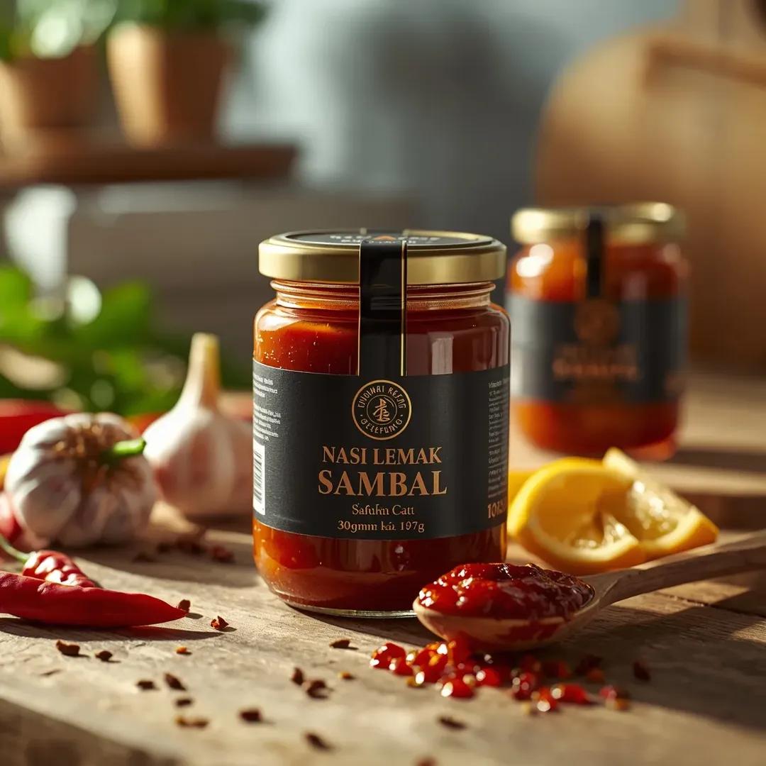 超写实生活方式食品产品摄影：叁巴酱罐（椰浆饭叁巴酱 / Nasi Lemak Sambal），采用（近距离平视视角）拍摄，罐体居中置于前景，透过光泽玻璃罐可见浓郁深红色的叁巴酱，以金属（金色盖...
