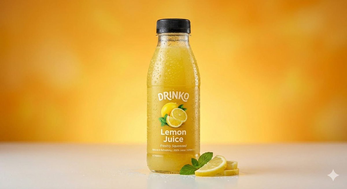 高端商业饮料产品摄影：一个(果汁瓶)，标签为"(Drinko Watermelon Juice)"，直立放置在画面中央，下方是干净的(光滑的工作室台面)，背景是鲜艳的(暖红橙渐变背景)。瓶子采...