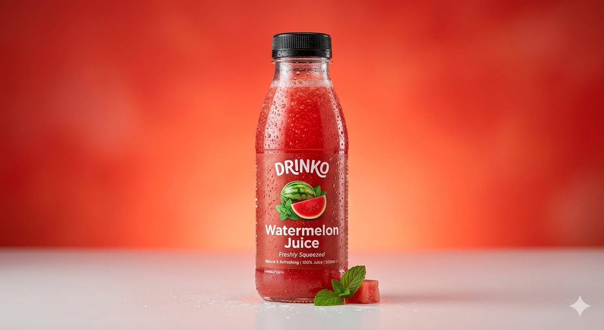 高端商业饮料产品摄影：一个(果汁瓶)，标签为"(Drinko Watermelon Juice)"，直立放置在画面中央，下方是干净的(光滑的工作室台面)，背景是鲜艳的(暖红橙渐变背景)。瓶子采...
