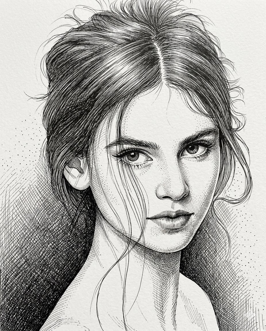 一幅高对比度的钢笔与墨水肖像画，描绘一位目光深情的年轻女性，基于一幅精致的铅笔素描。风格采用繁复的交叉影线和细密点描技法来营造深度与阴影。她的头发松散地盘成一个凌乱的发髻，几缕细碎飘逸的发丝垂...