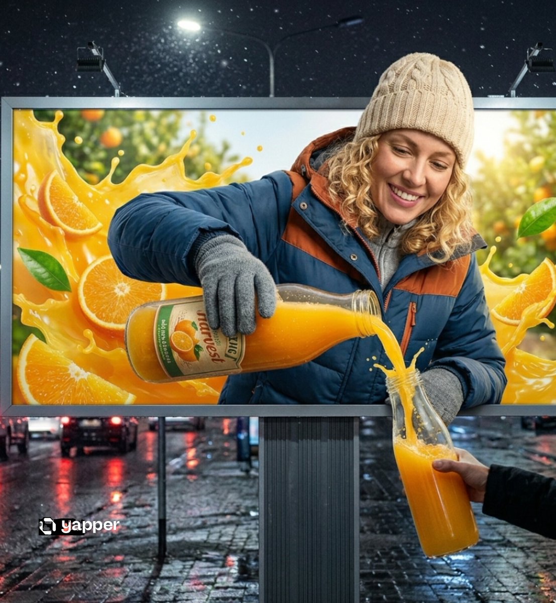 试用以下 3D 提示词在 @yapper_so 上使用 Nano Banana pro 生成 提示词 👇 一个超现实的夜景城市场景，画面中有一块大型路边广告牌，上面呈现一个 3D 错觉效果：一...