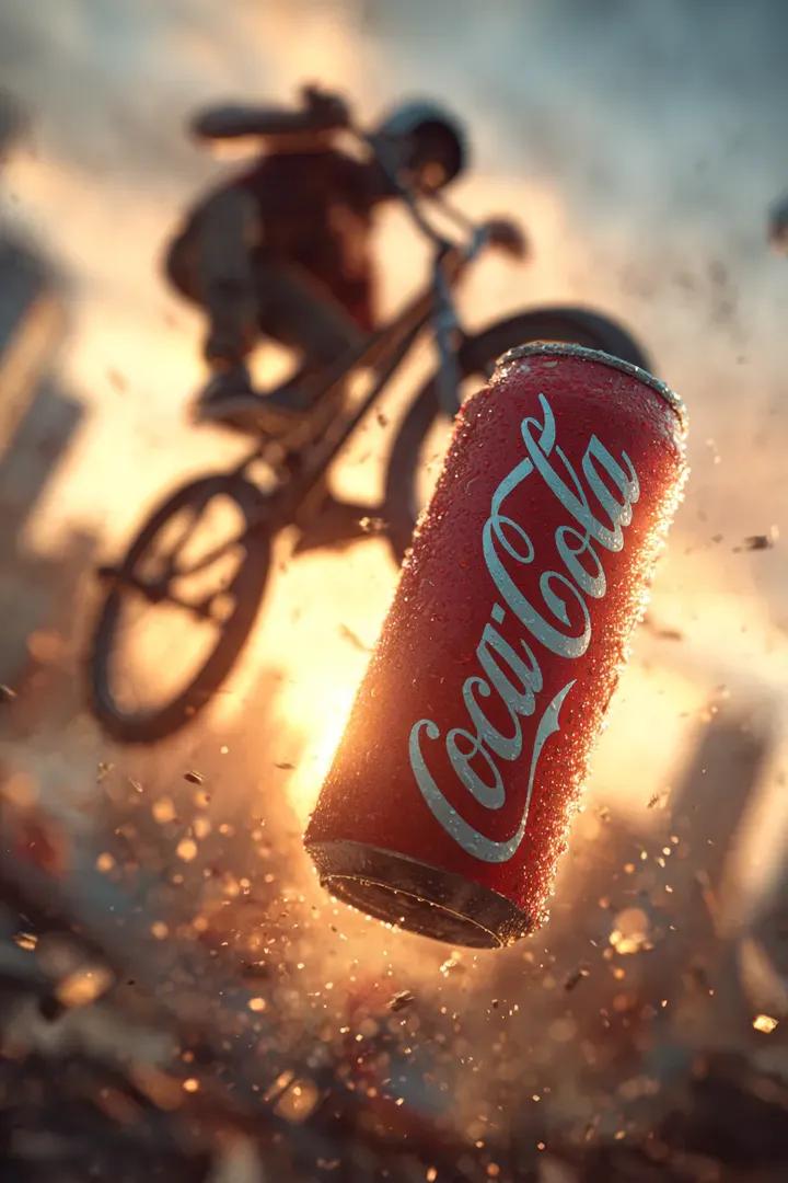 电影感的超写实动作镜头：一位 BMX 骑手在空中腾跃，一只手握着一罐冰爽的可口可乐朝向镜头。可口可乐罐体晶莹锐利，凝结的水珠闪闪发光，标志性的红色 logo 熠熠生辉。身后的骑手因高速运动而呈...