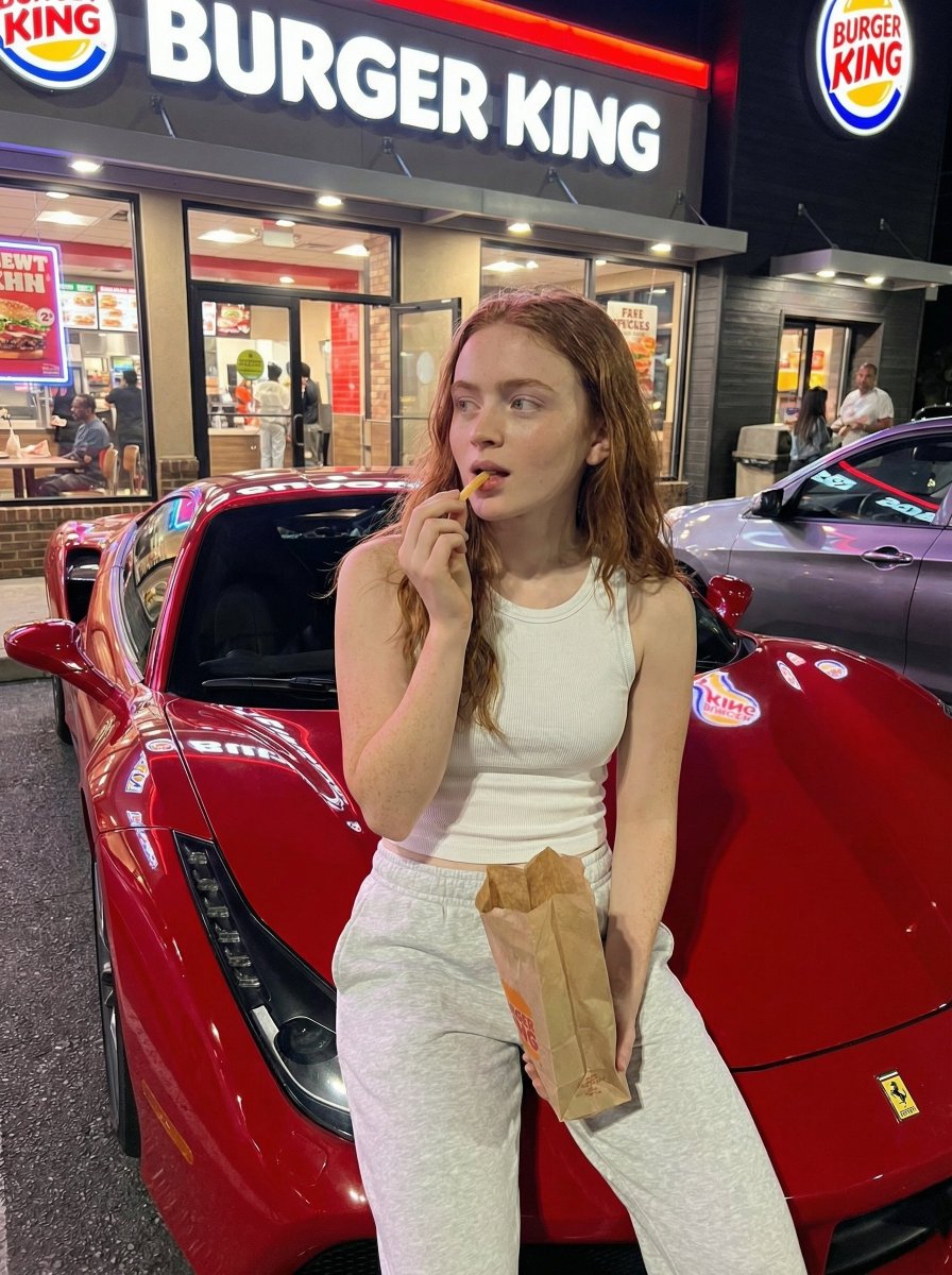 一位女性夜晚随意地坐在快餐店外的红色豪华跑车引擎盖上吃薯条,使用上传的参考图,保持身份完全一致, 严格锁定 —— 使用上传的参考图,保持身份完全一致。保留面部、头发、眼睛和比例。不改变身份。,...