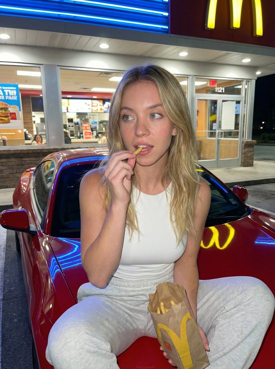 一位女性夜晚随意地坐在快餐店外的红色豪华跑车引擎盖上吃薯条,使用上传的参考图,保持身份完全一致, 严格锁定 —— 使用上传的参考图,保持身份完全一致。保留面部、头发、眼睛和比例。不改变身份。,...