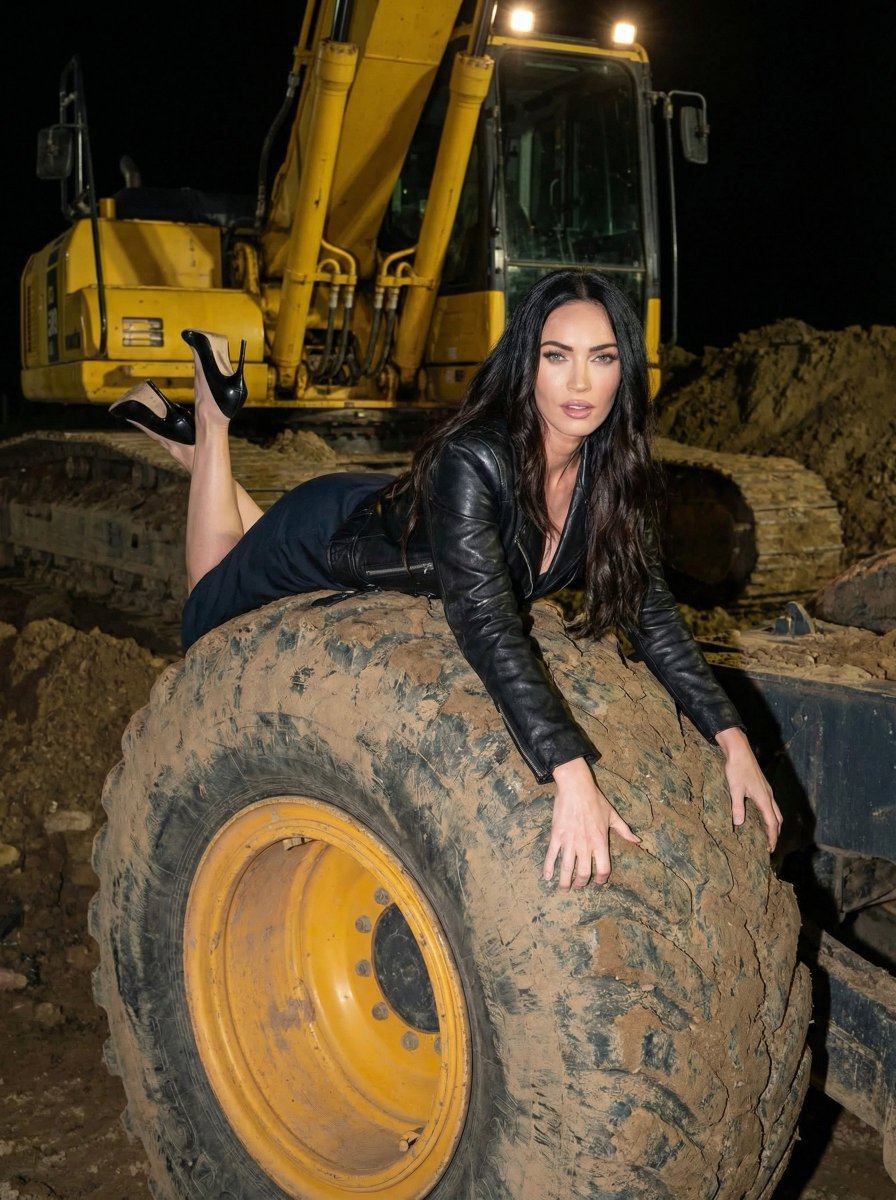 woman lying on top of a massive industrial construction vehicle tire at night, Use uploaded refe...