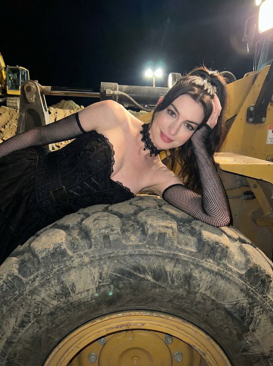 woman lying on top of a massive industrial construction vehicle tire at night, Use uploaded refe...