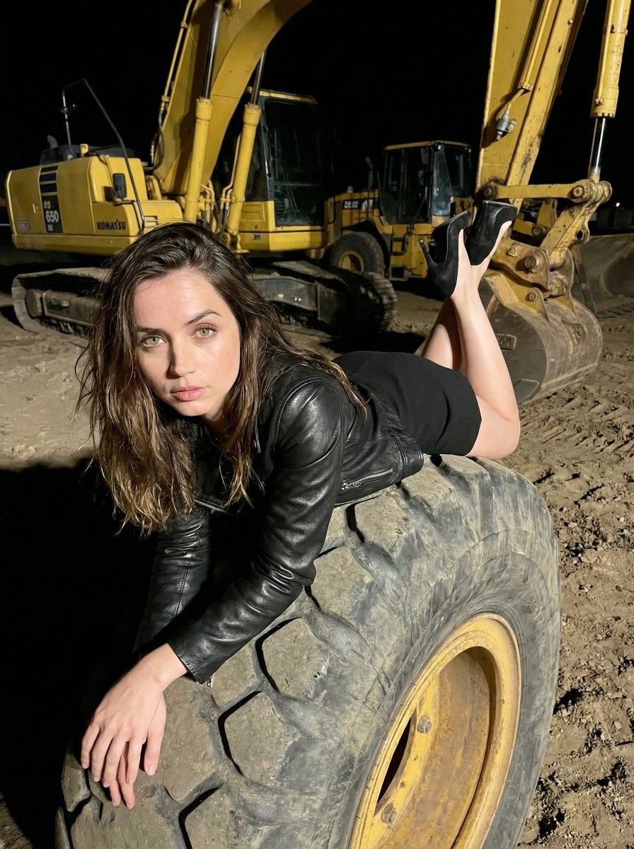 woman lying on top of a massive industrial construction vehicle tire at night, Use uploaded refe...