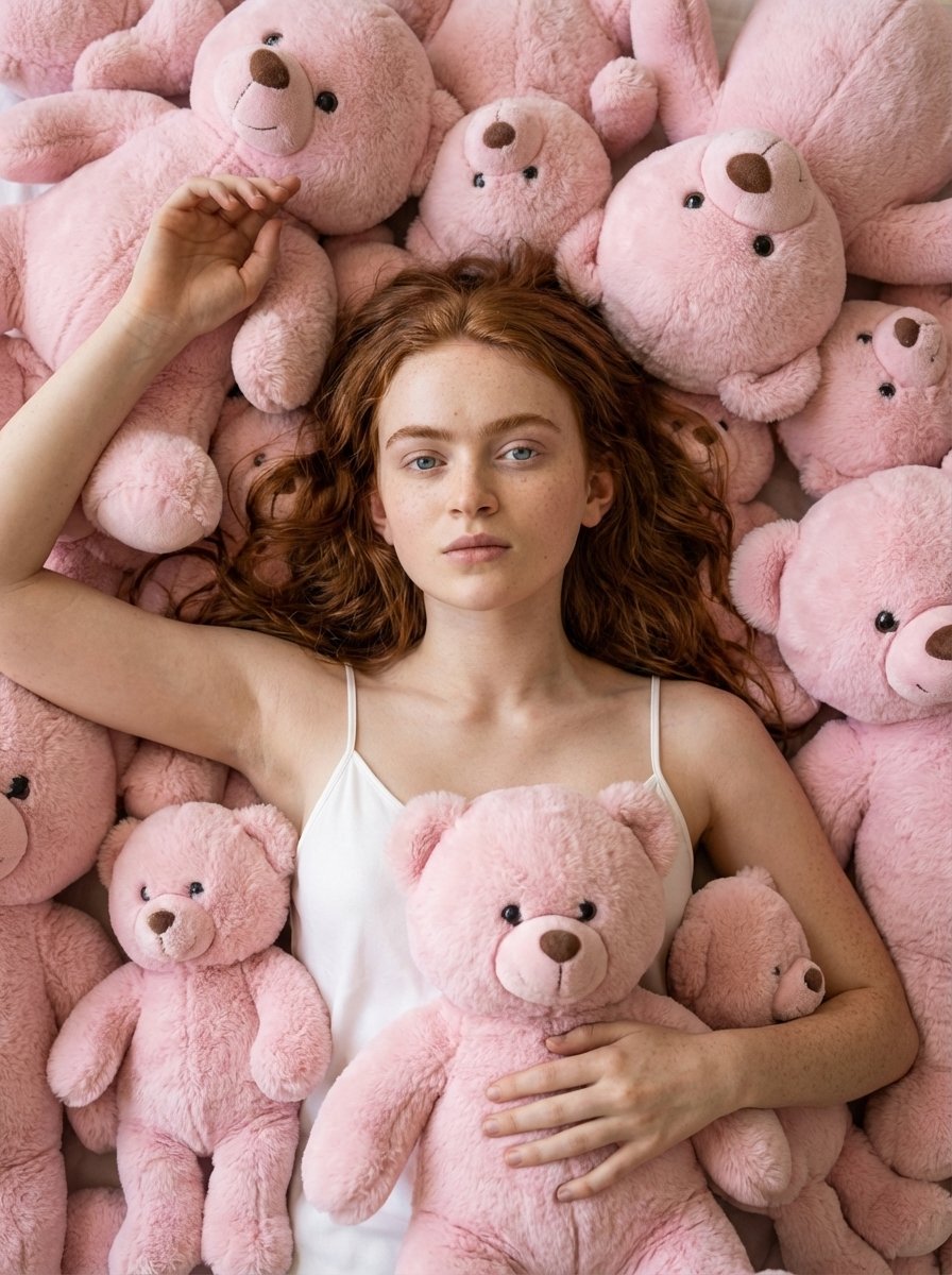 Young woman lying surrounded by a pile of soft pink teddy bears, viewed from a top-down perspect...