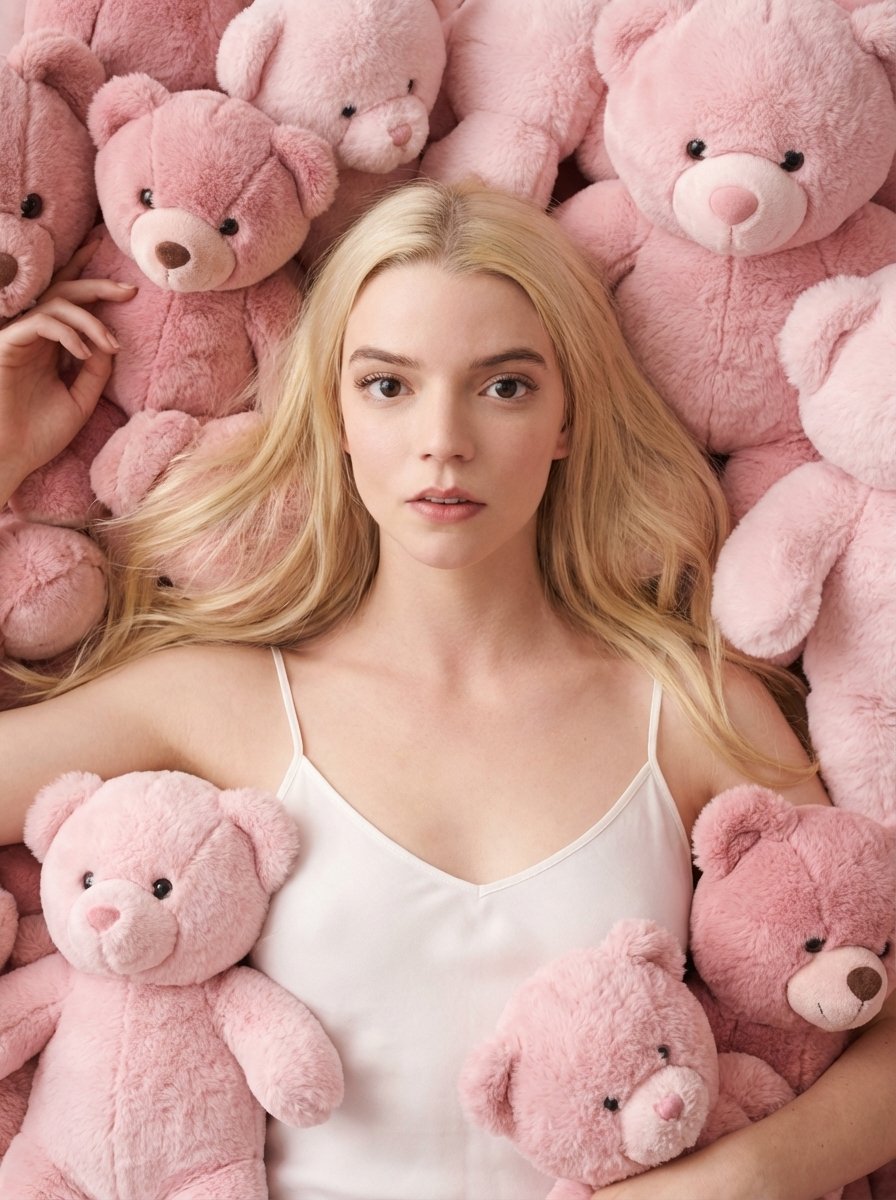Young woman lying surrounded by a pile of soft pink teddy bears, viewed from a top-down perspect...