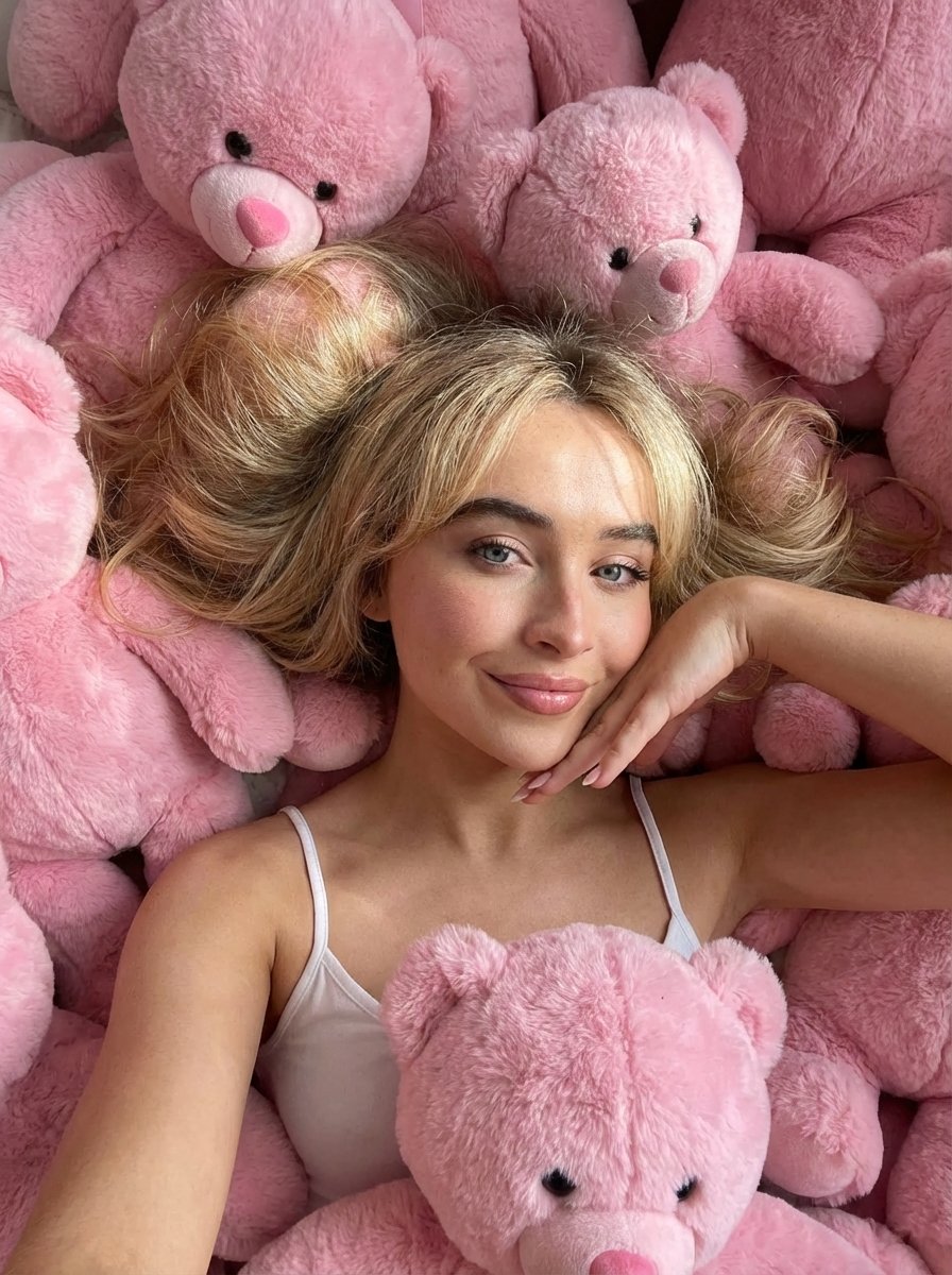 Young woman lying surrounded by a pile of soft pink teddy bears, viewed from a top-down perspect...