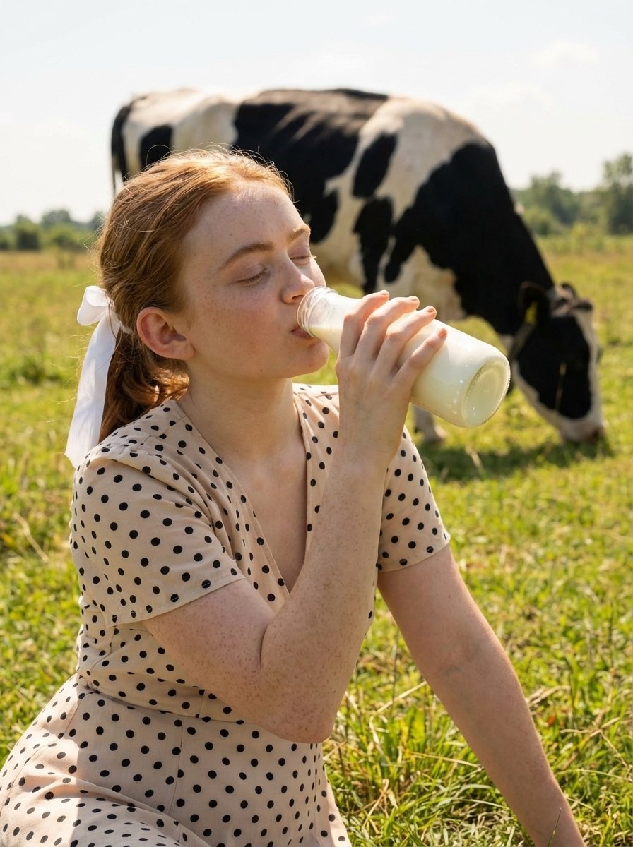 Young woman sitting in a sunlit countryside field drinking milk from a glass bottle, Use uploade...