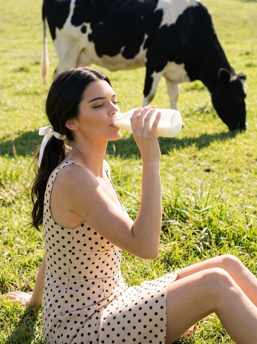 Young woman sitting in a sunlit countryside field drinking milk from a glass bottle, Use uploade...