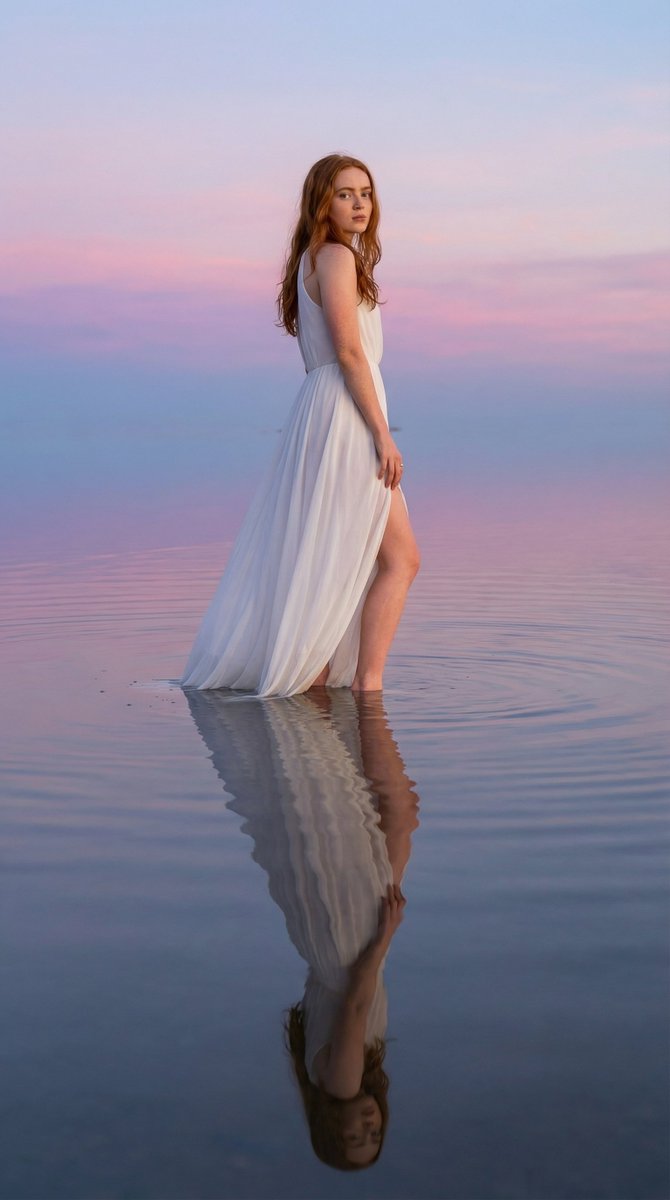 Woman standing in shallow reflective water under pastel sky, Use uploaded reference image, keep...