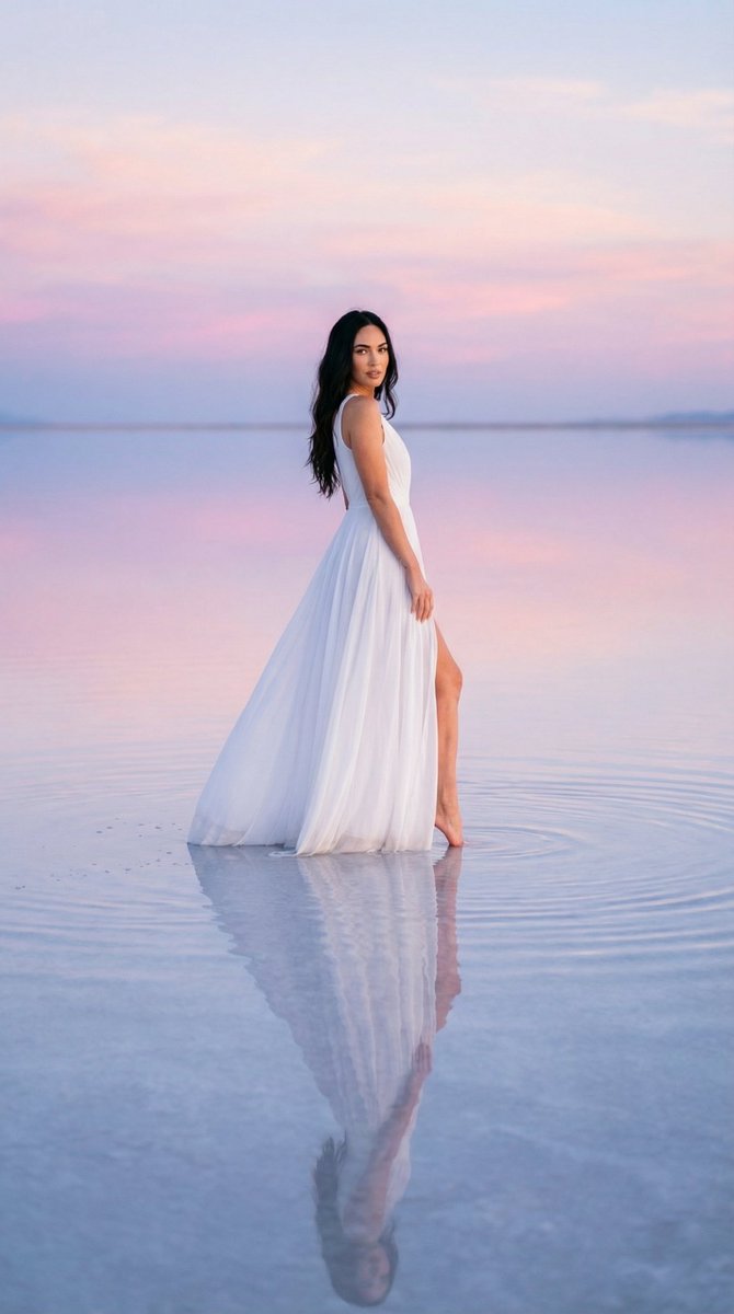 Woman standing in shallow reflective water under pastel sky, Use uploaded reference image, keep...