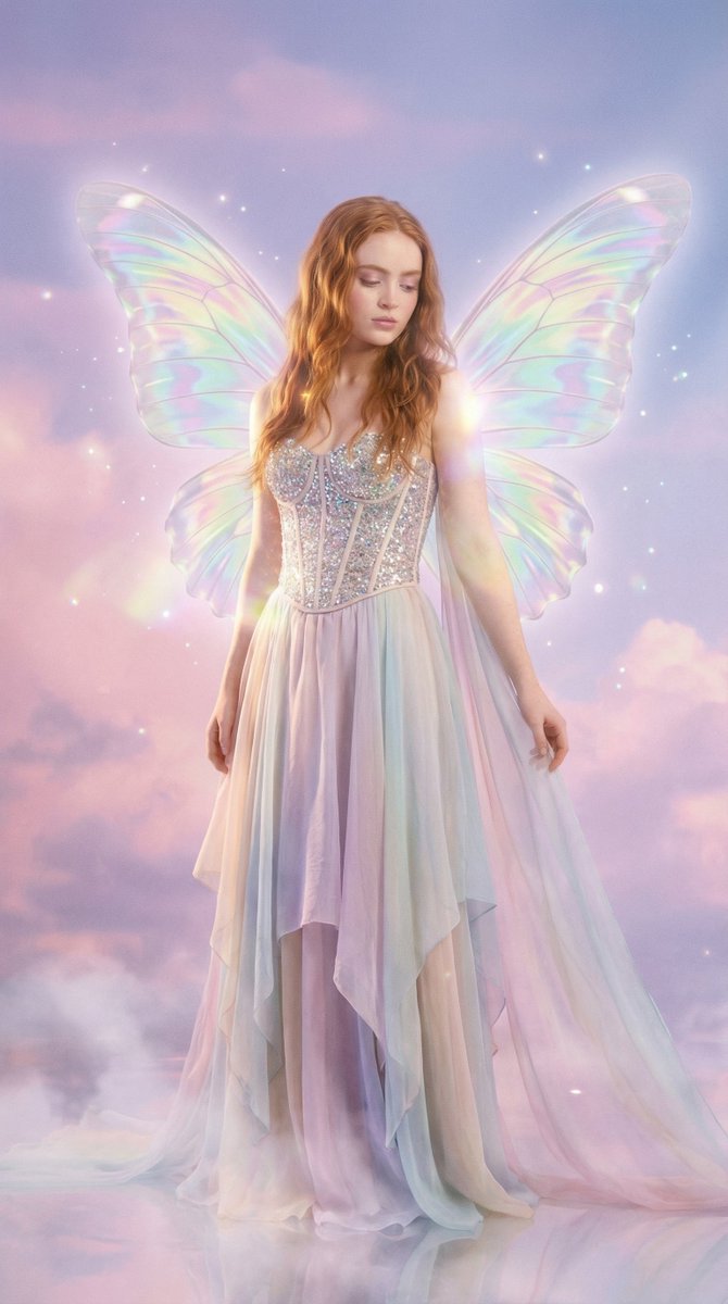 fantasy-inspired ethereal woman with butterfly wings in a dreamy pastel sky environment, Use upl...