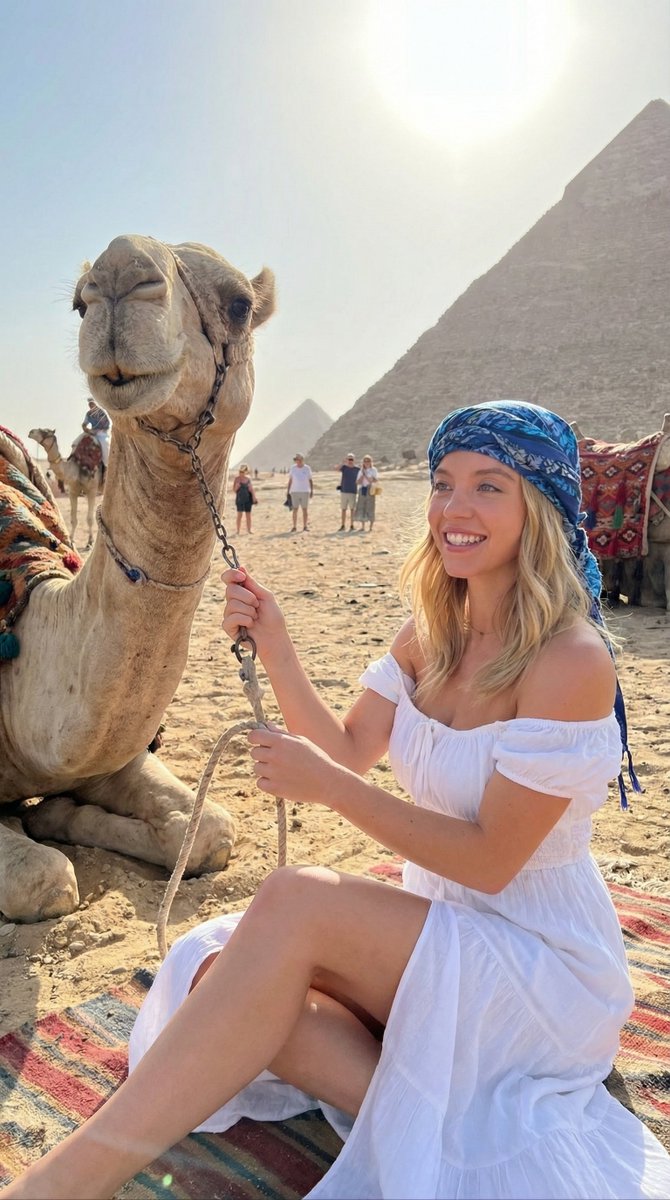 woman interacting with a camel in a desert near ancient pyramids, Use uploaded reference image,...