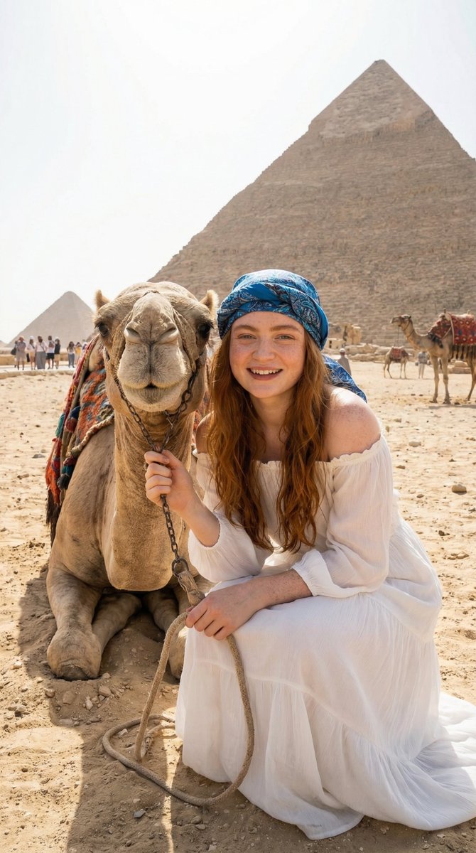 woman interacting with a camel in a desert near ancient pyramids, Use uploaded reference image,...