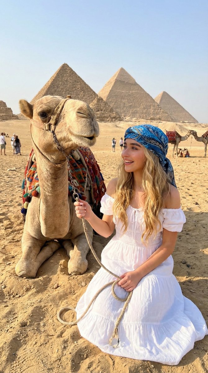 woman interacting with a camel in a desert near ancient pyramids, Use uploaded reference image,...