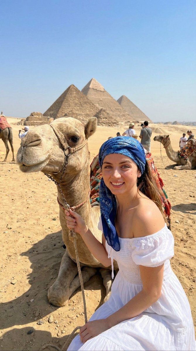 woman interacting with a camel in a desert near ancient pyramids, Use uploaded reference image,...