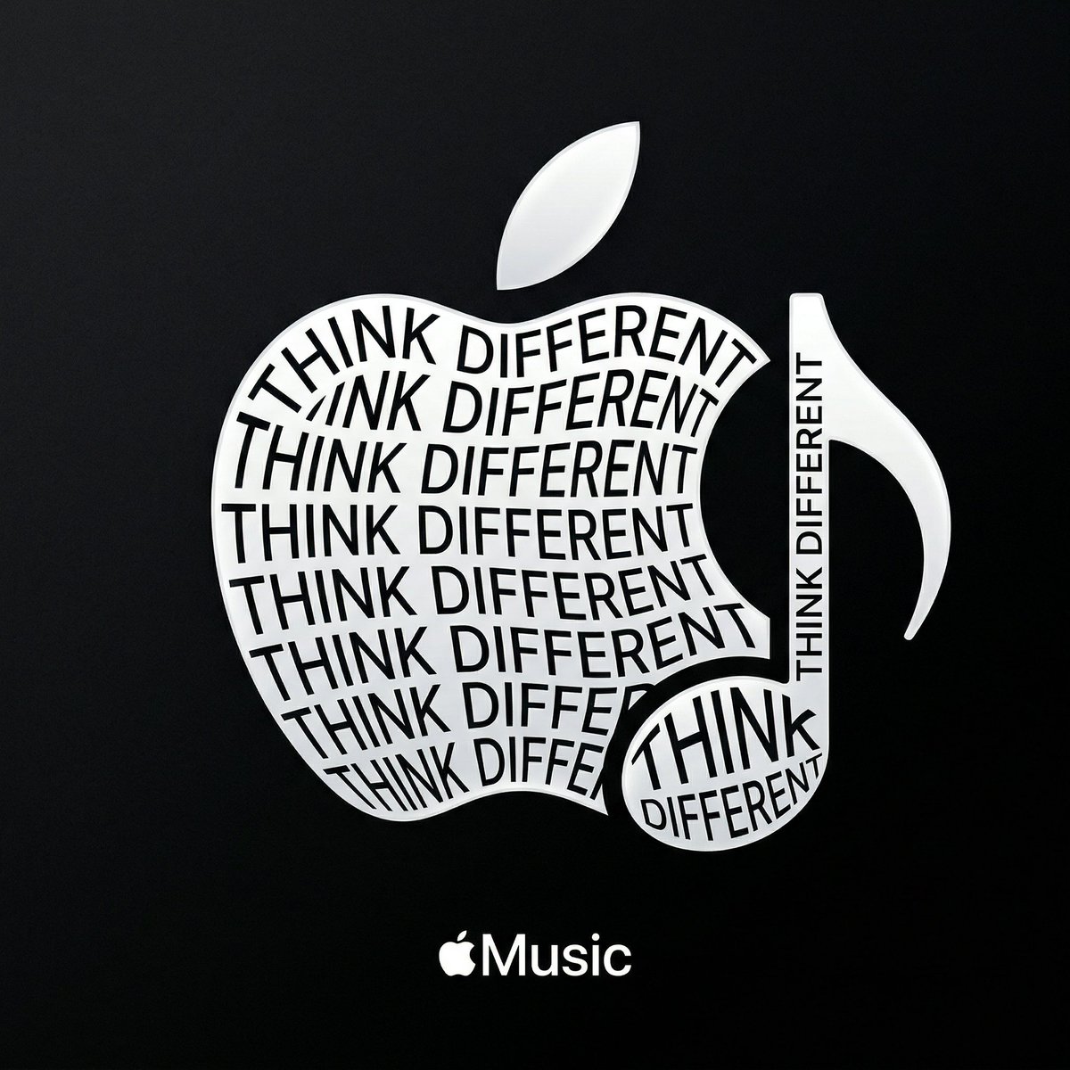 创建一个极简 Apple 标志或音符造型的排版插画，用文字 “THINK DIFFERENT”（致敬 Apple 风格的标语）构成整个轮廓。 设计风格： 优雅、极简、高端排版——线条流畅、间距...