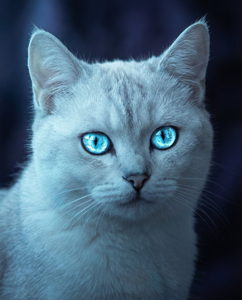 一幅引人注目的猫咪肖像,以其锐利、闪闪发光的蓝色眼睛作为无可争议的焦点,超精细的虹膜宛如冰川之光般闪耀,柔软如瓷的毛发带有微妙的银色和珍珠色调,电影般的低调照明,冷青色与月光般的亮部高光,浅景...