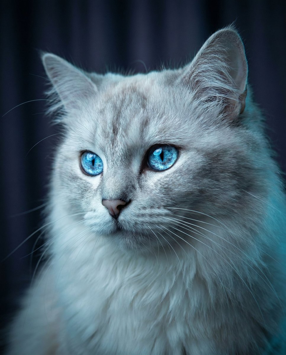 一幅引人注目的猫咪肖像,以其锐利、闪闪发光的蓝色眼睛作为无可争议的焦点,超精细的虹膜宛如冰川之光般闪耀,柔软如瓷的毛发带有微妙的银色和珍珠色调,电影般的低调照明,冷青色与月光般的亮部高光,浅景...