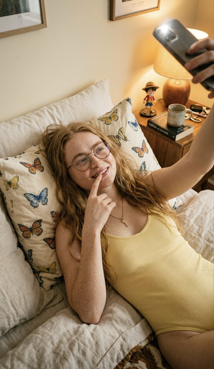 Young woman with long, wavy strawberry-blonde hair and light complexion with natural freckles.,...