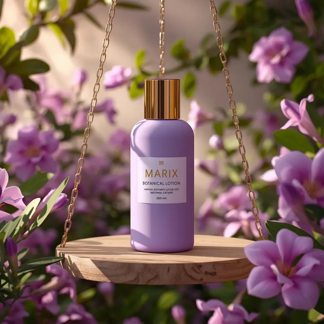 高端商业美妆产品摄影：一个（化妆品瓶），标签为“（Marix Botanical Lotion）”，直立放置于一个由优雅的（金色链条）悬挂的（木质圆形平台）上，置于茂密的（花园花卉场景）中。瓶...