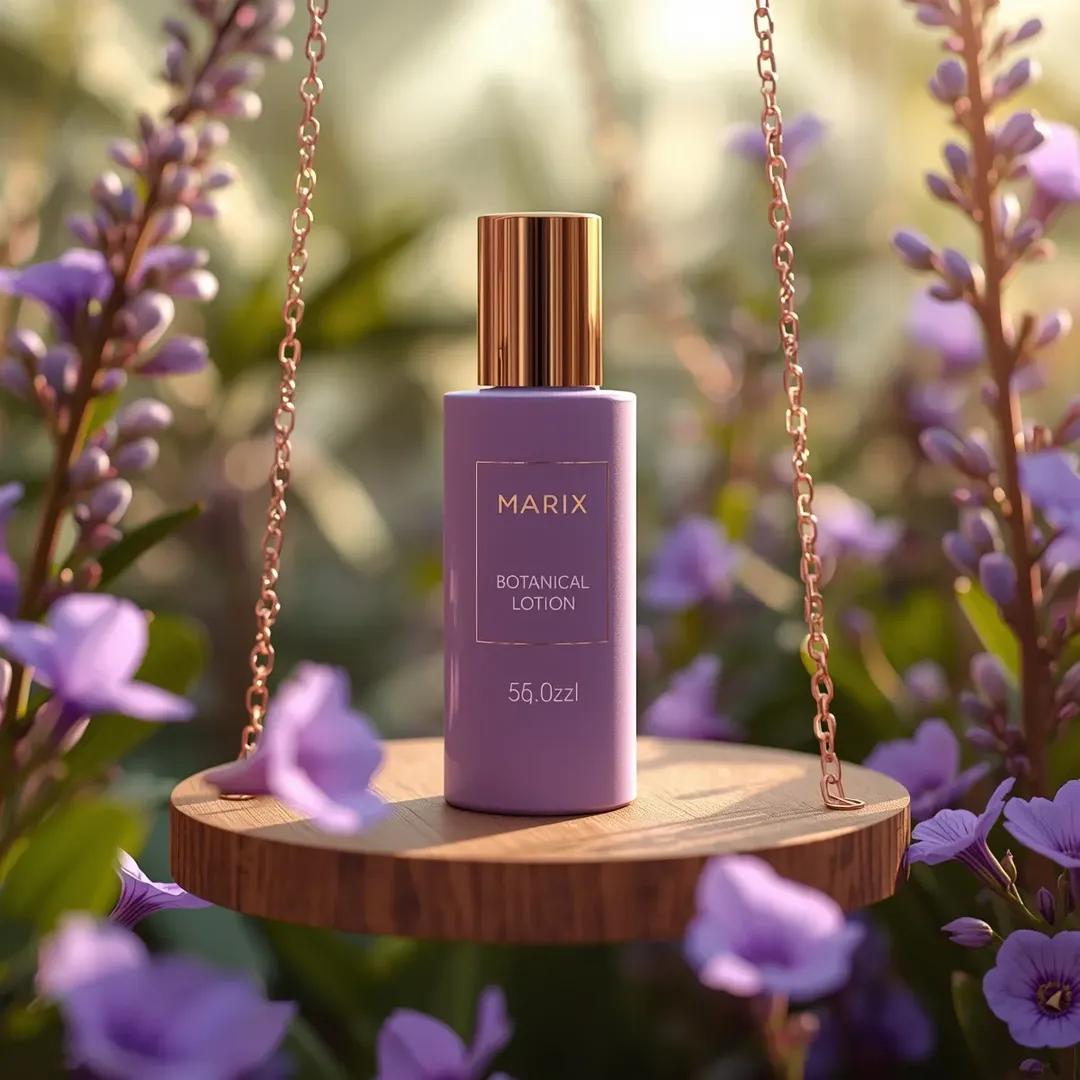 高端商业美妆产品摄影：一个（化妆品瓶），标签为“（Marix Botanical Lotion）”，直立放置于一个由优雅的（金色链条）悬挂的（木质圆形平台）上，置于茂密的（花园花卉场景）中。瓶...