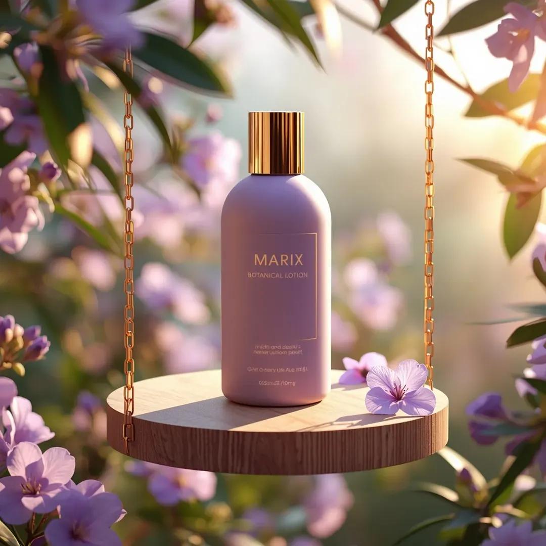 高端商业美妆产品摄影：一个（化妆品瓶），标签为“（Marix Botanical Lotion）”，直立放置于一个由优雅的（金色链条）悬挂的（木质圆形平台）上，置于茂密的（花园花卉场景）中。瓶...
