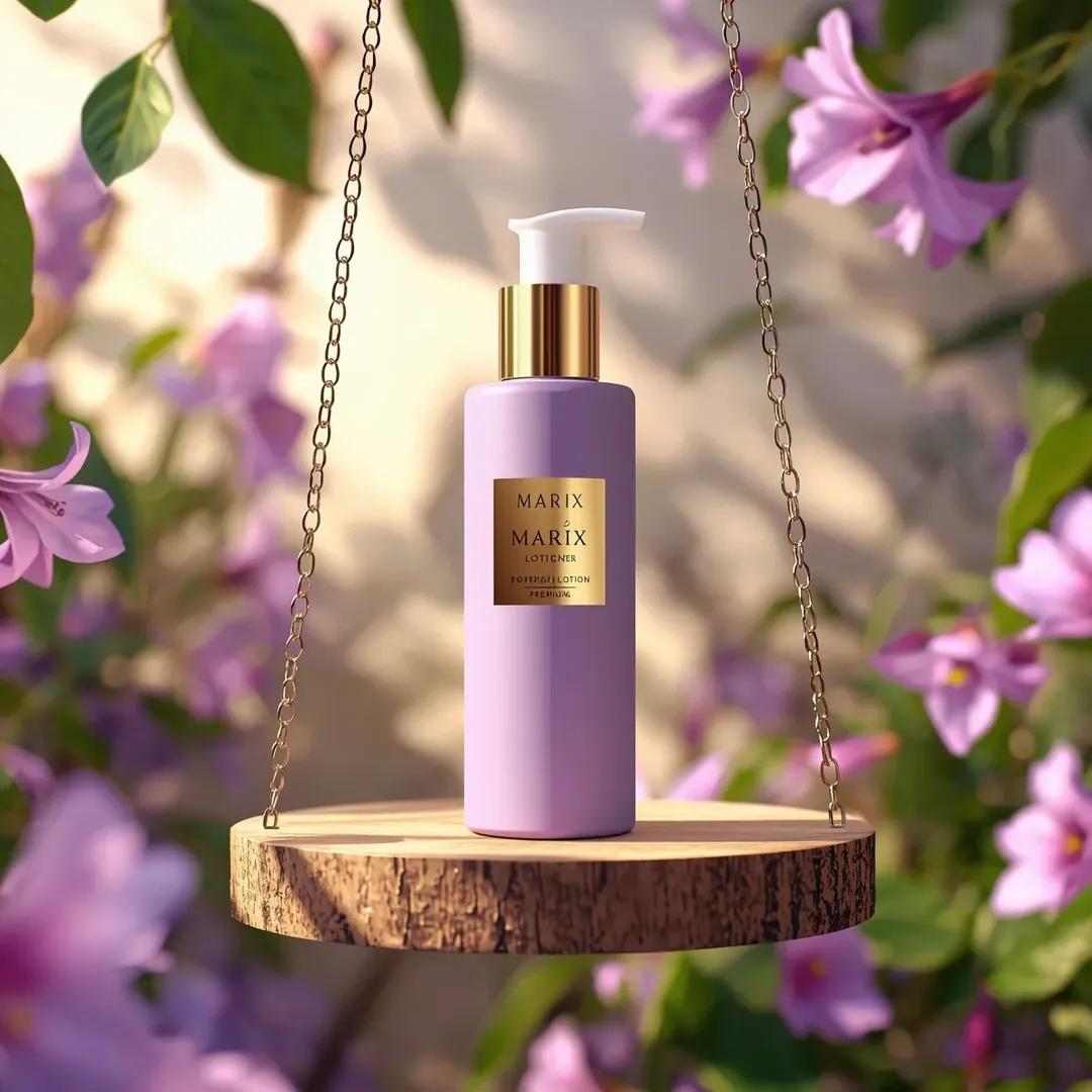 高端商业美妆产品摄影：一个（化妆品瓶），标签为“（Marix Botanical Lotion）”，直立放置于一个由优雅的（金色链条）悬挂的（木质圆形平台）上，置于茂密的（花园花卉场景）中。瓶...