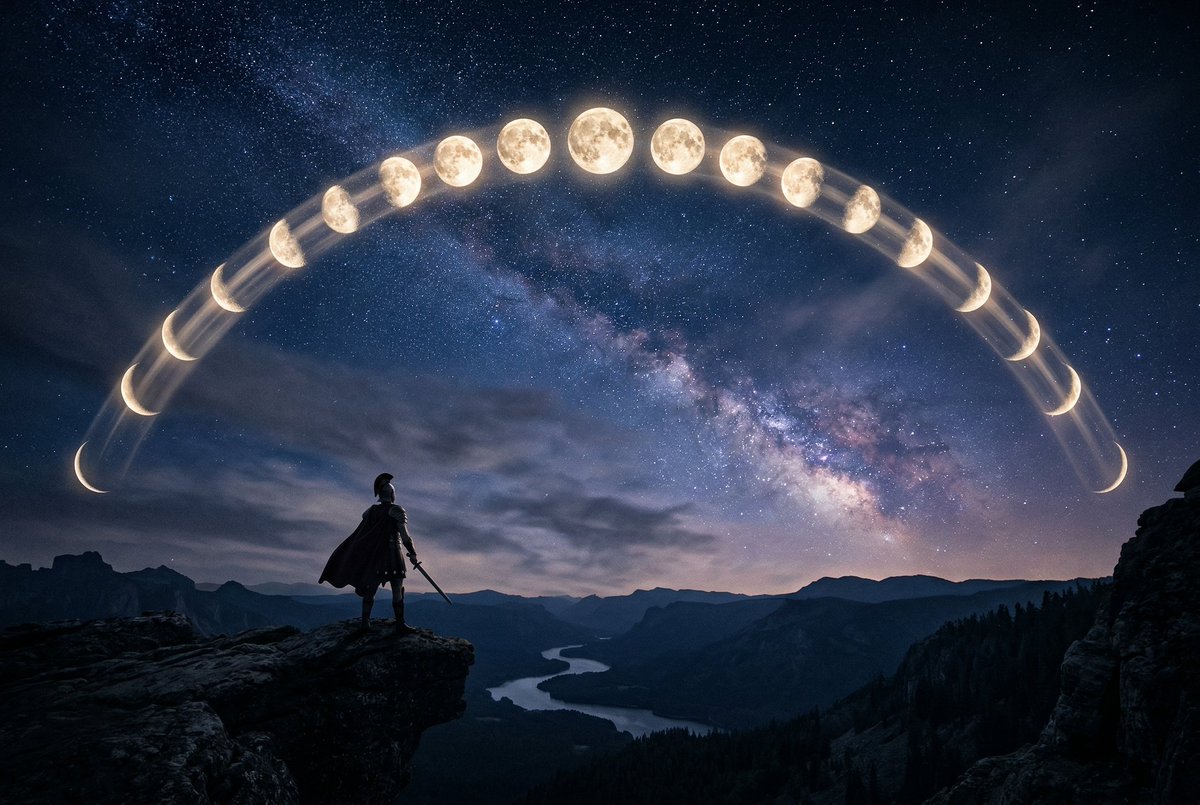 - “一幅超现实的电影感夜空，在一个画面中展现完整的月相周期，多个月亮相位以完美的曲线弧形排列在天空之中，从纤细的新月到满月再到渐隐的残月，每个月相之间以柔和发光的光迹相连，长曝光摄影效果，深...