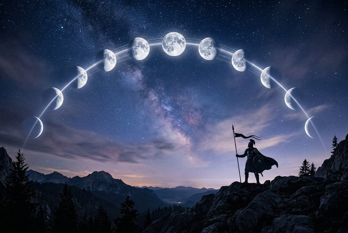 - “一幅超现实的电影感夜空，在一个画面中展现完整的月相周期，多个月亮相位以完美的曲线弧形排列在天空之中，从纤细的新月到满月再到渐隐的残月，每个月相之间以柔和发光的光迹相连，长曝光摄影效果，深...