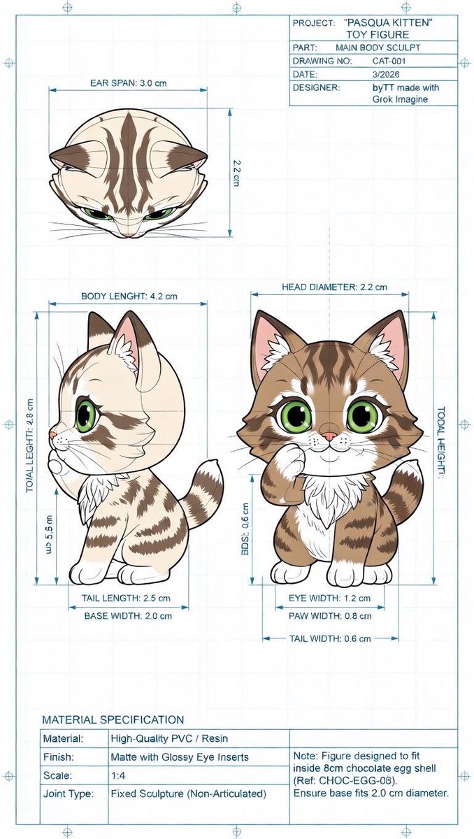 “制作一份作为专业模板的草图，包含尺寸信息，用于将猫咪制作成挤出的3D模型玩偶。” 简直太棒了！🙂👍😺🐣 每位手工艺设计师都可以随意规划自己的想法，然后加以实现。