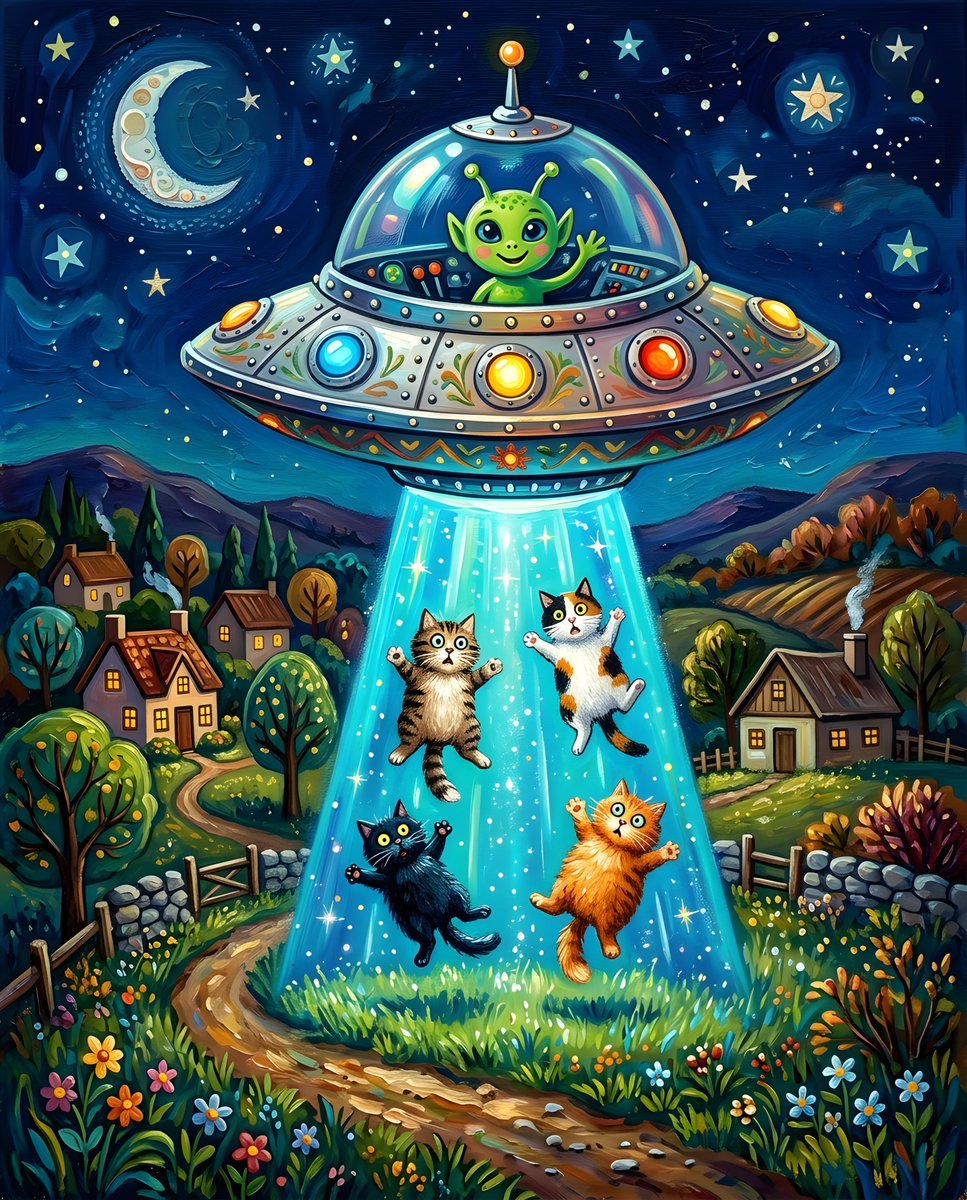 民间艺术风格的绘画：一只可爱的绿色外星人坐在一艘闪闪发亮的铬合金 1950 年代风格飞碟里，飞碟低空悬浮在夜晚的乡村上空，一道发光的蓝色牵引光束从底部倾泻而下，轻轻地将受惊的、毛茸茸的猫咪们托...