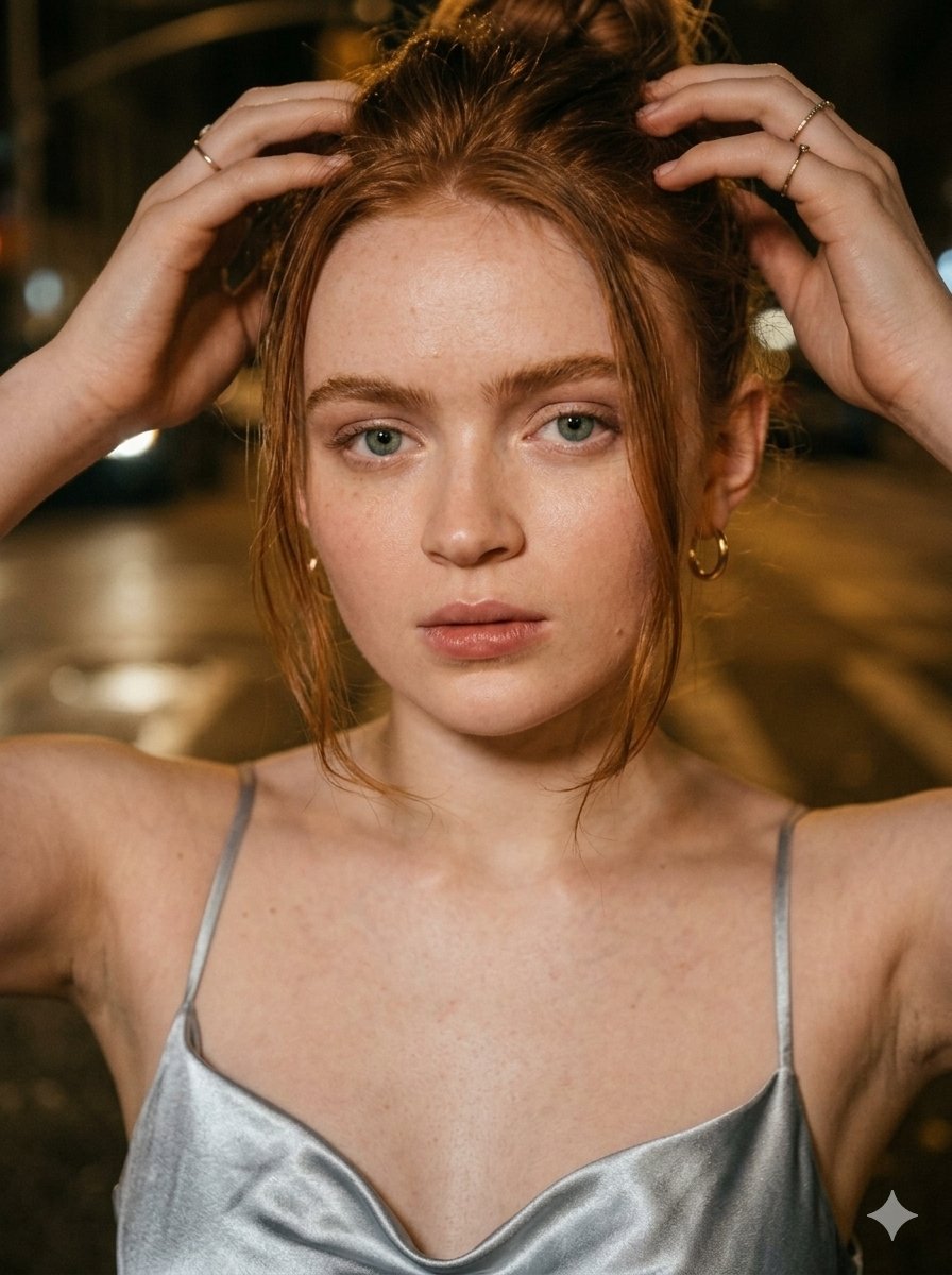 年轻女性,形似 Sadie Sink,皮肤白皙,淡淡的雀斑,醒目的浅蓝色眼睛。, 鲜艳的红发,正被她双手托起扎成一个凌乱的发髻。, 平静、自信,直视相机镜头。, 金属银色。, 垂坠领(cowl...