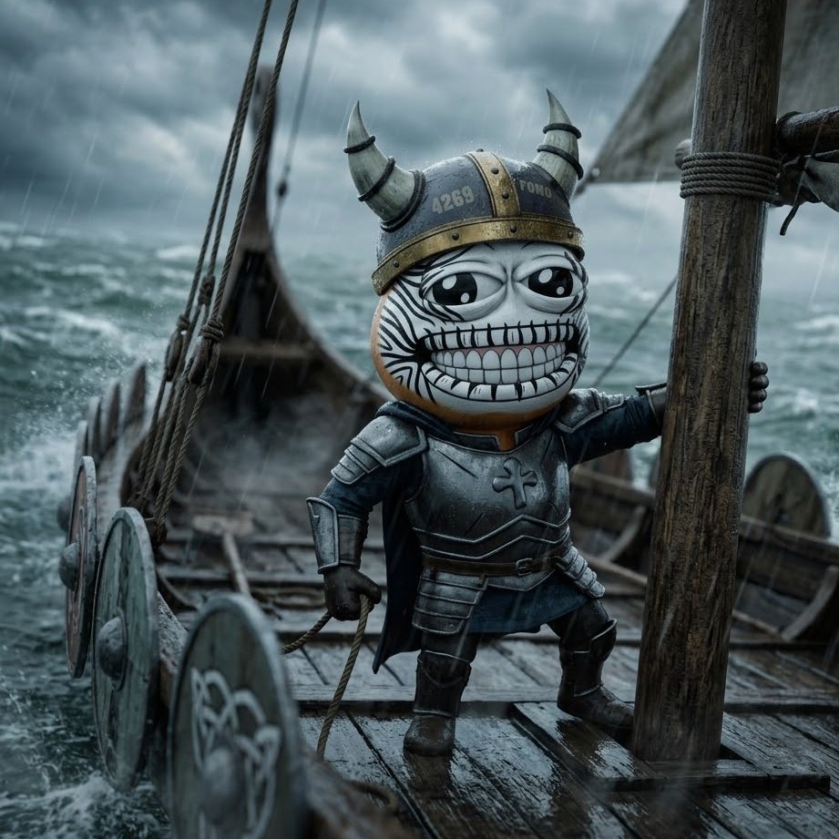GM ☀️ 致 FROGEHALLA AI 提示词（AI PROMPT） 创建一个角色镜头，将他重新构想于维京人（Vikings）的宇宙之中。他正站在自己的维京船上航行，一手握着桅杆，身体略微...