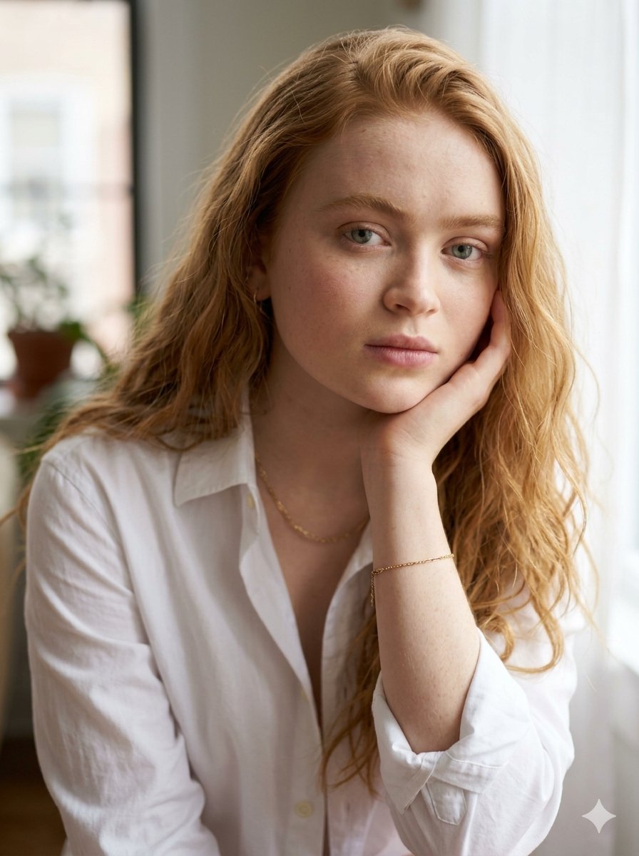 { "主题": { "风格": "Sadie Sink 灵感", "族群": "西班牙裔拉丁裔 / 古巴-西班牙裔", "特征": "类似Sadie Sink的精致女性面部特征，柔和圆润下颌线...