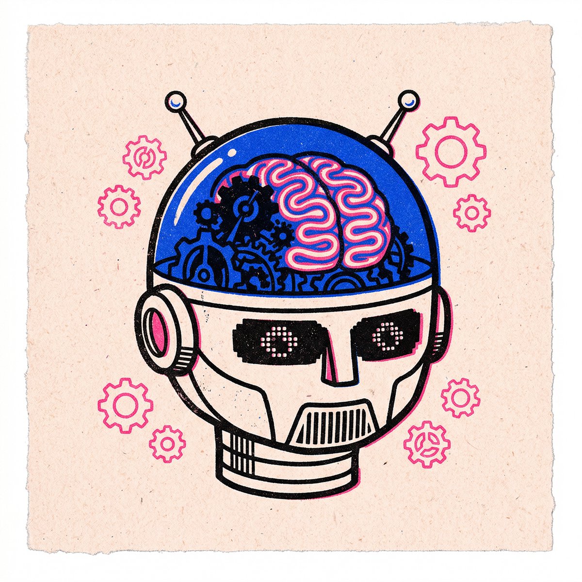 一幅位于中心的单幅插画，主体为[一个角色或生物，例如战士形象、神话野兽或优雅人物]。风格为极简主义 Risograph 孔版印刷/丝网印刷，带有粗黑墨线，纯色块区域具有清晰颗粒纹理。透视构图为...