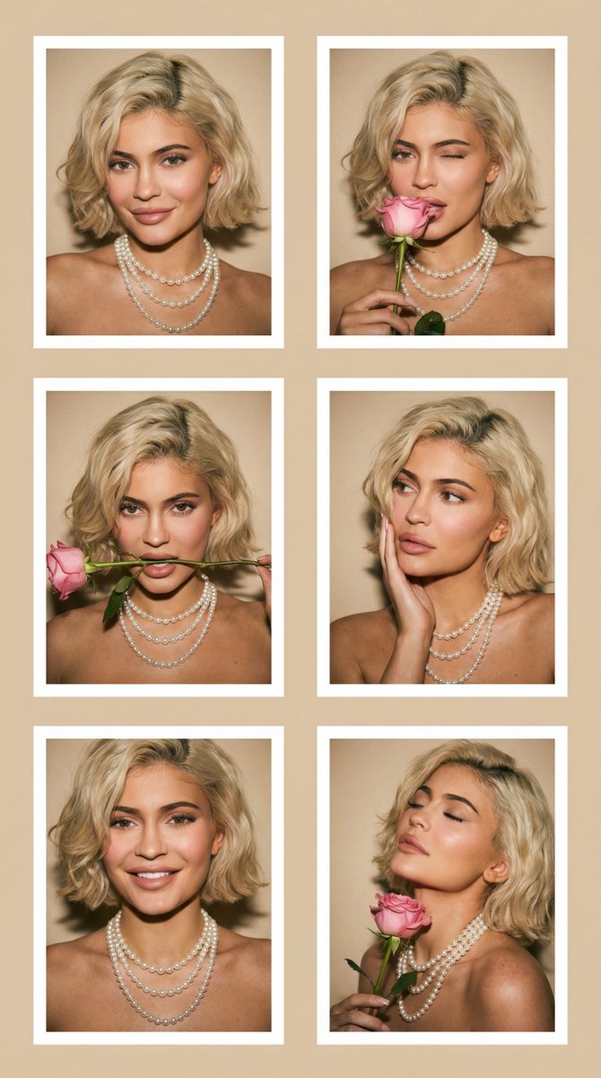Young woman appearing in a 2x3 photo grid collage, Use uploaded reference image, keep identity e...