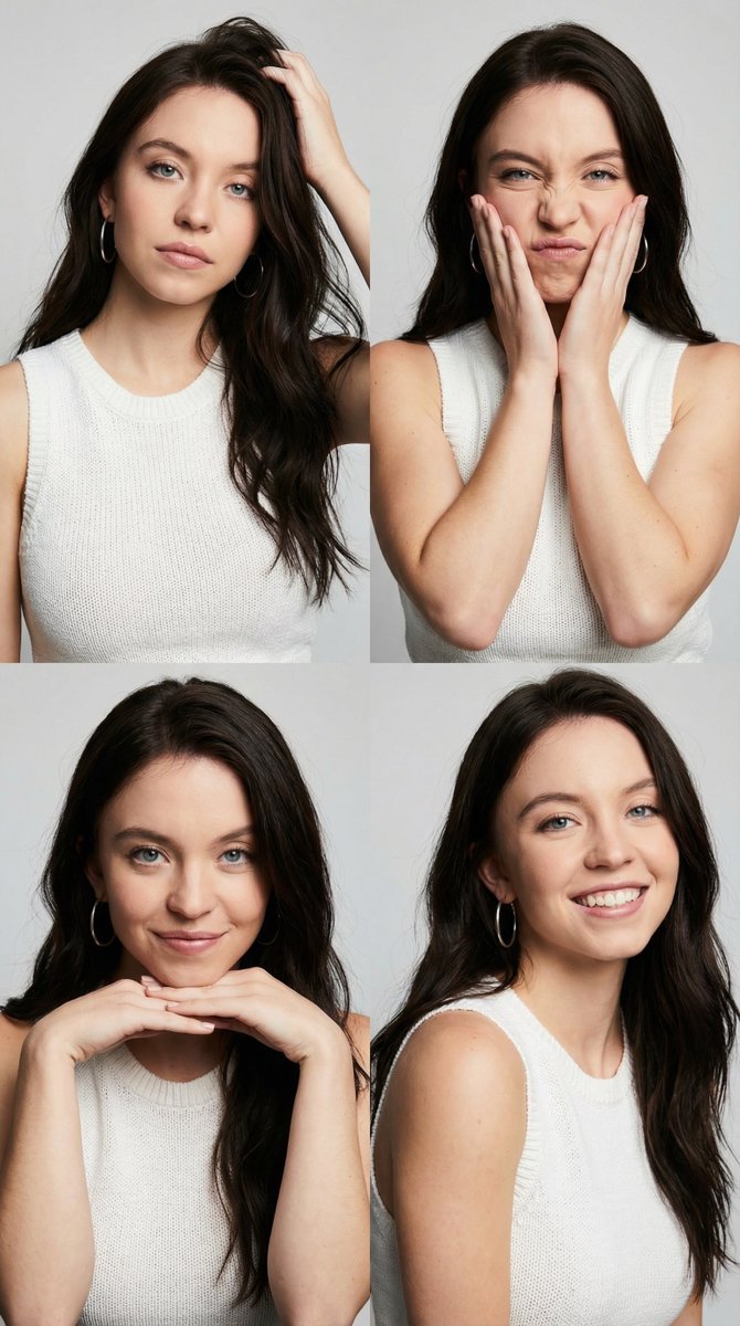 Young woman appearing in a 2x2 photo grid collage, Use uploaded reference image, keep identity e...