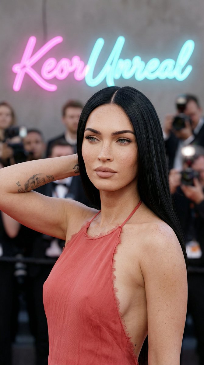超写实红毯肖像，9:16 长宽比。 Megan Fox，面容精致、气质古典，白皙肌肤在肩膀和面部可见雀斑，长直黑发中分垂落于一侧肩头，自然妆容搭配清晰眉形、淡抹睫毛膏与哑光裸色唇彩，神情从容自...