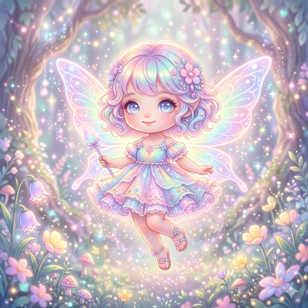 一个迷你的Q版（chibi）仙女女孩，长着发光的翅膀，漂浮在空中，被闪光和小光点环绕，马卡龙彩虹色调，柔和光晕，大大的灵动眼睛，奇幻可爱美学，超精细细节 #AIArtist #AIArtCom...
