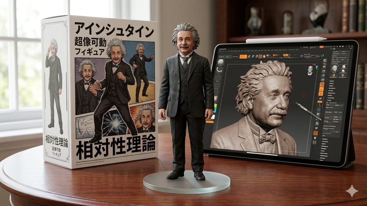 “将上传图片中的人物转化为高细节的 1/6 比例收藏级 3D 手办，采用写实雕刻风格，纹理锐利，面部特征栩栩如生。手办以英雄姿态站立于抛光木质桌面上，由附近窗户透入的自然日光照亮。它立于一个圆...