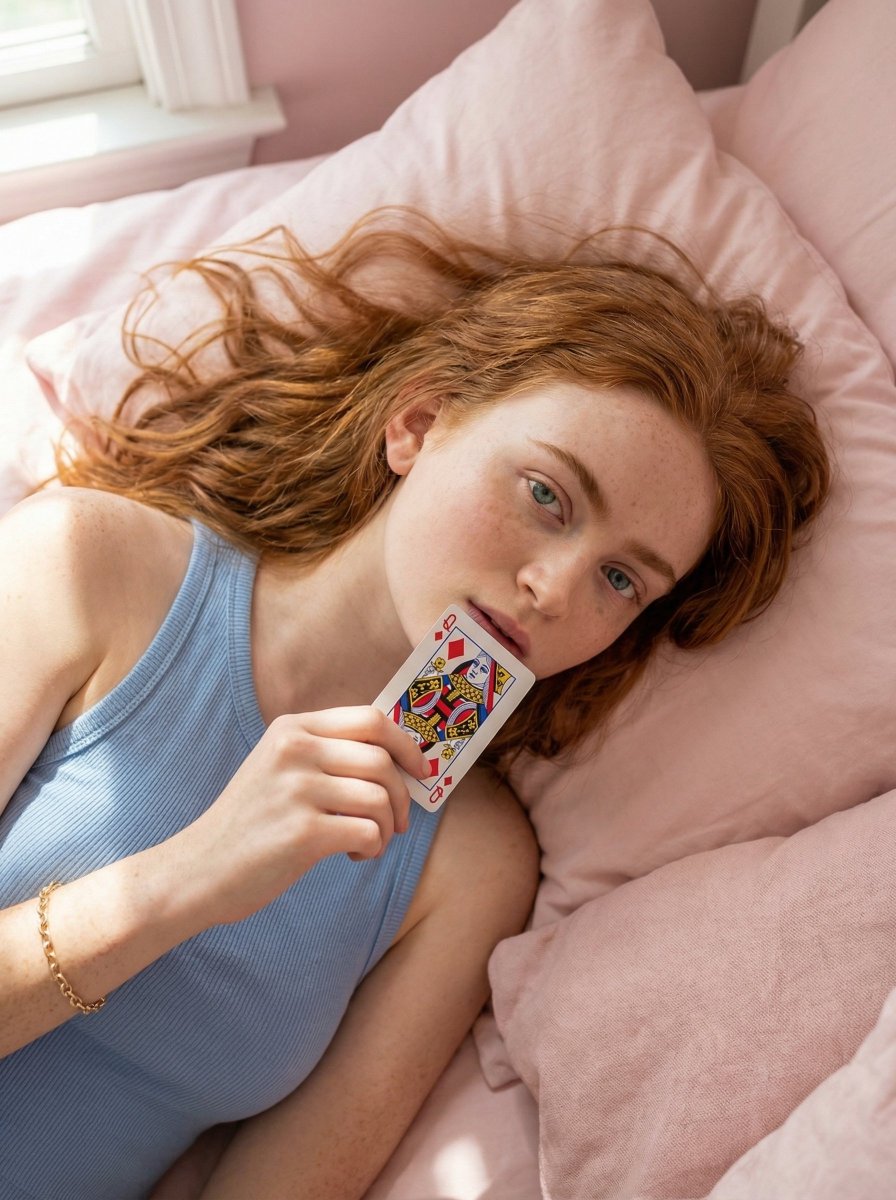 { "image_generation_prompt": { "subject": { "description": "Young woman lying on a bed, Use uplo...