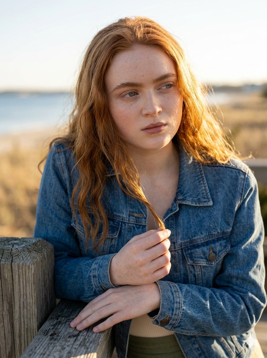 Young woman with long, wavy red hair and fair skin with light freckles., Gentle, natural smile,...