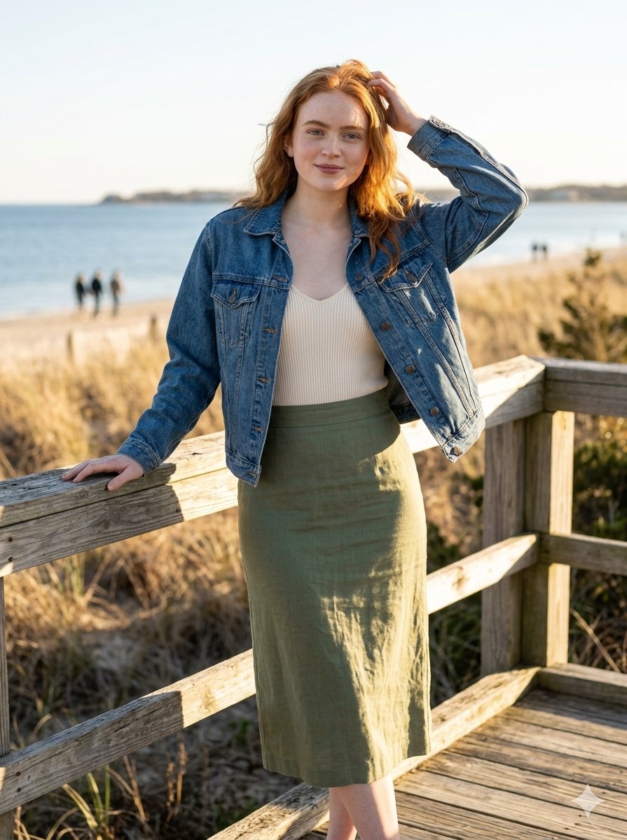 Young woman with long, wavy red hair and fair skin with light freckles., Gentle, natural smile,...